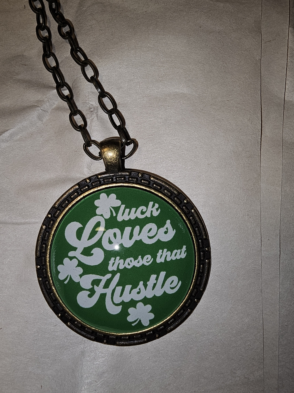 "Luck Loves Those That Hustle" Green Pendant Necklace